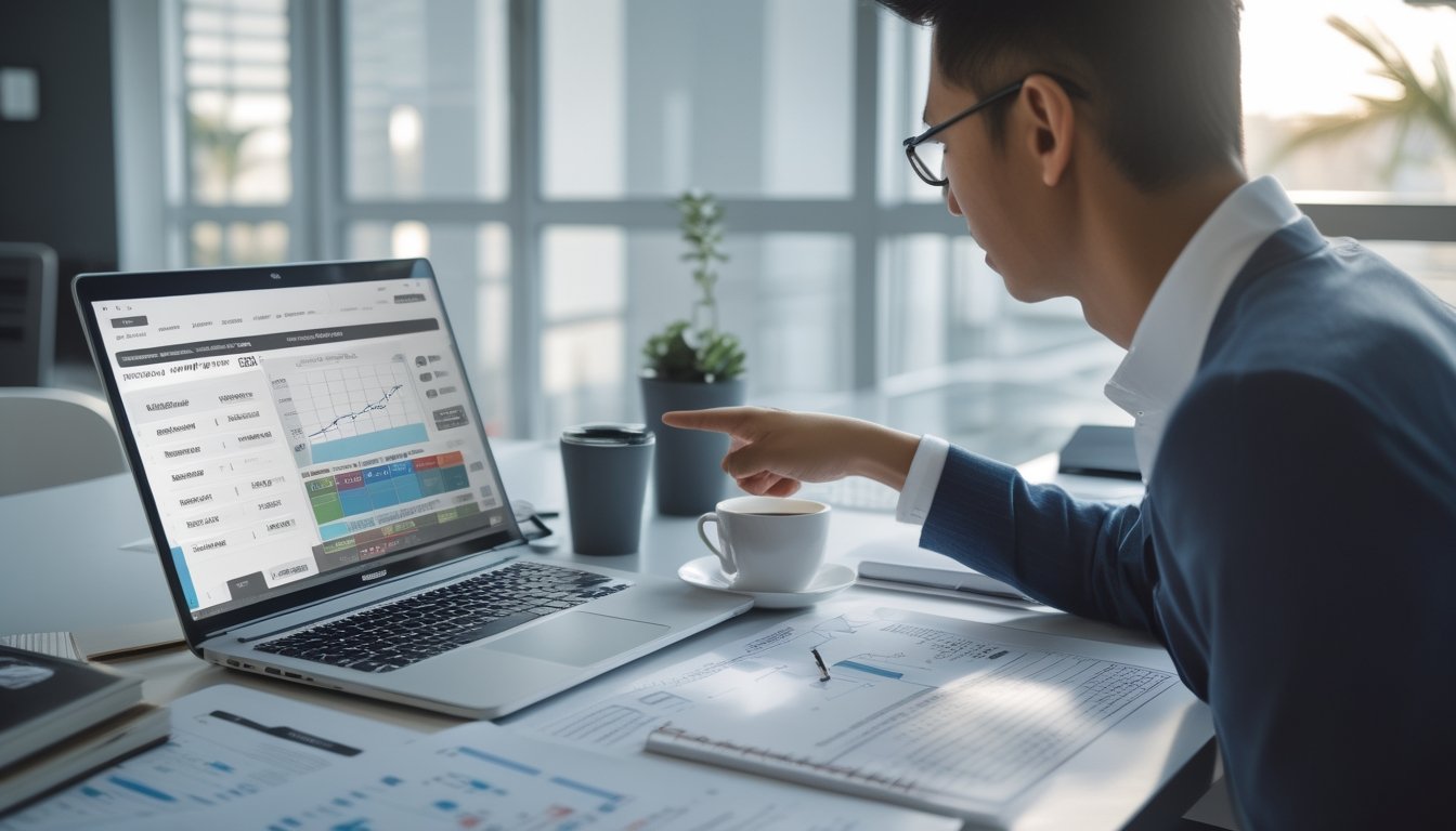Seseorang sedang menganalisis data dan grafik di depan laptop di meja kerja yang rapi dan terang.