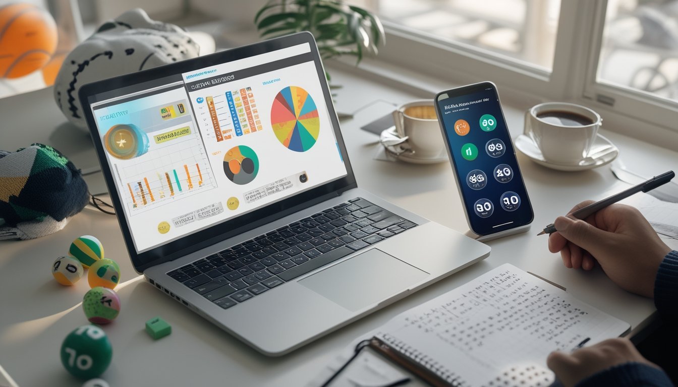 Meja kerja dengan laptop, catatan, dan bola lotere yang menunjukkan suasana analisis dan perencanaan strategi togel.