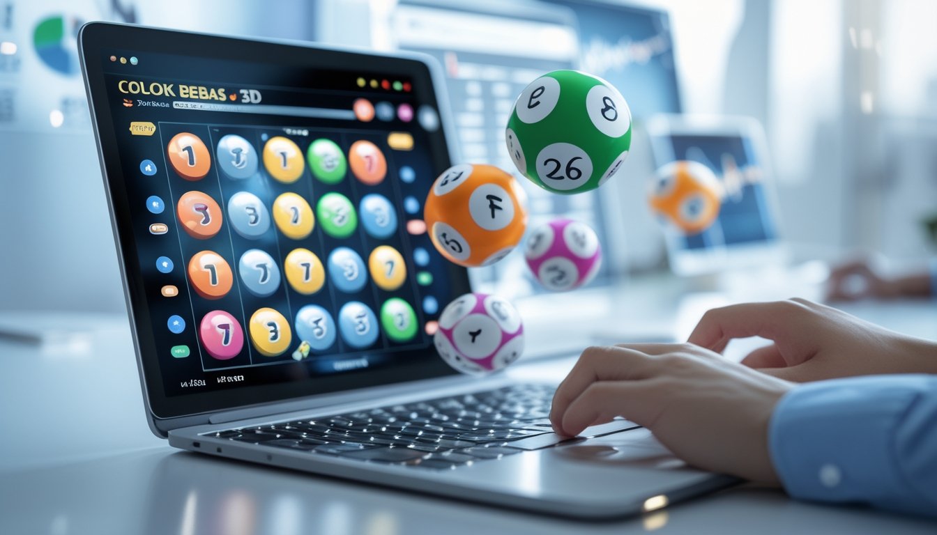 Seorang pemain menggunakan perangkat digital dengan tampilan angka togel dan bola togel 3D di latar belakang kantor modern.
