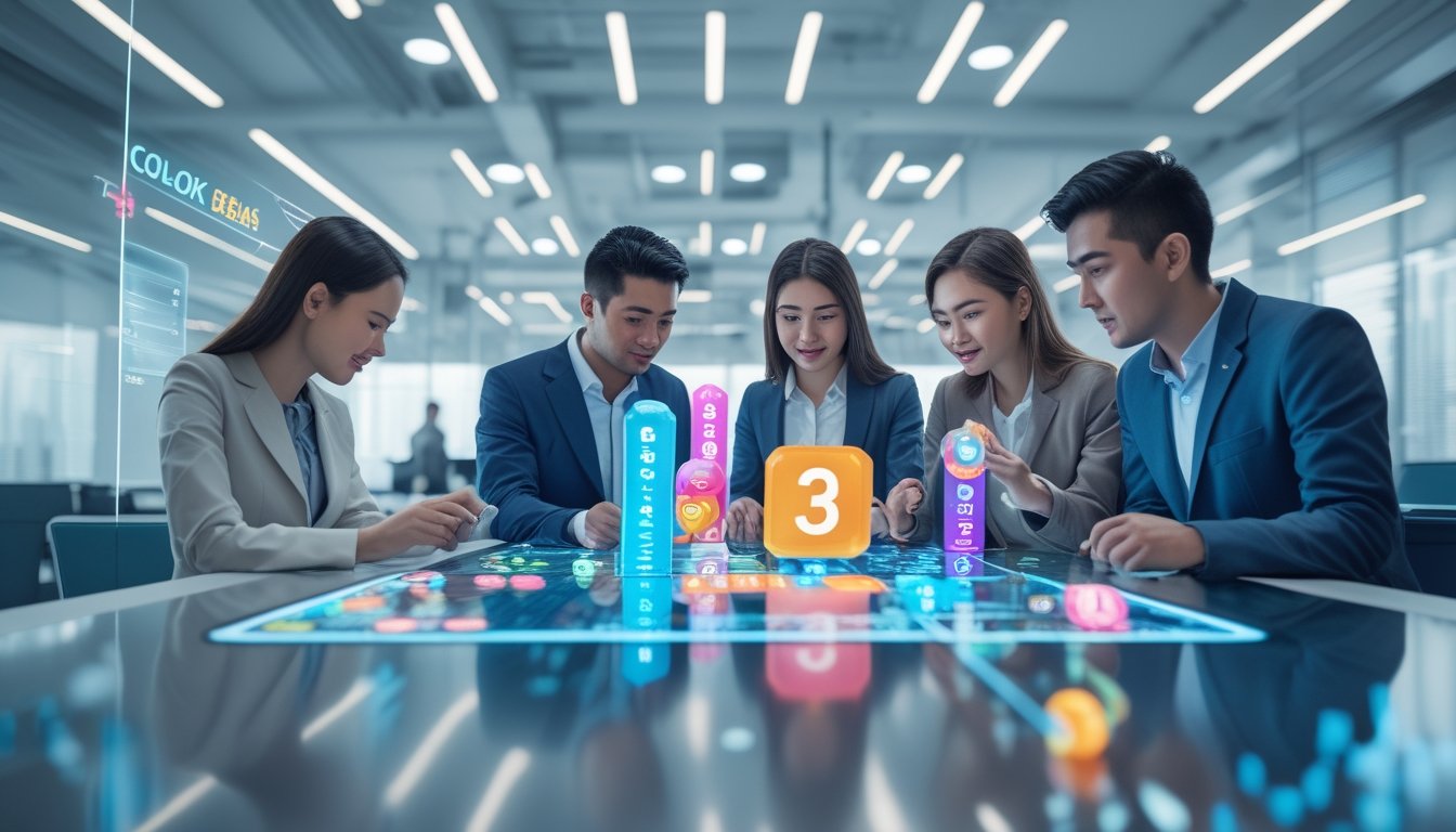 Sekelompok profesional muda sedang berinteraksi dengan layar sentuh digital yang menampilkan angka togel 3D dan grafik di sebuah kantor modern.