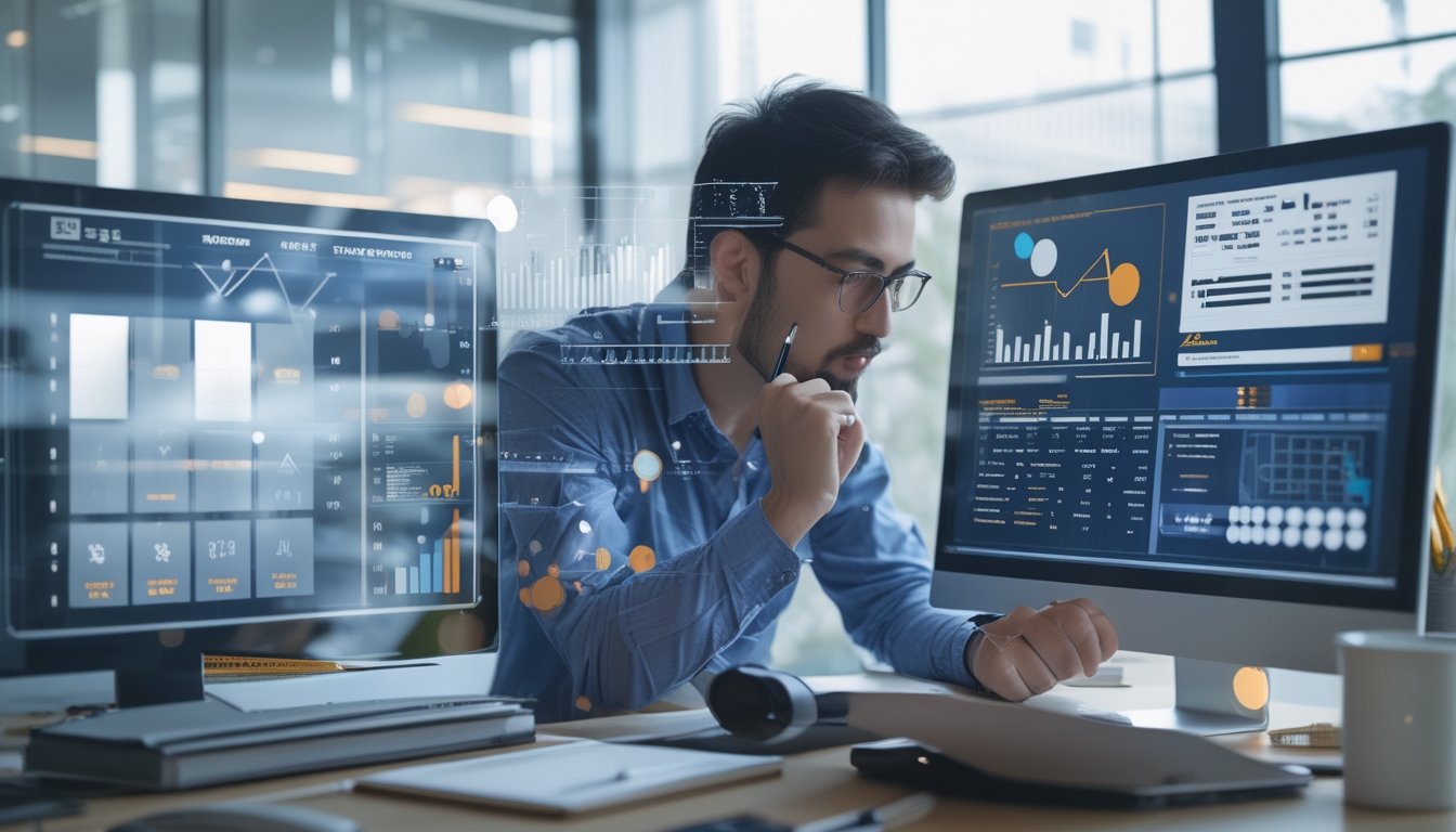 Seorang individu fokus menganalisis data dan grafik di layar digital dalam ruang kantor modern.