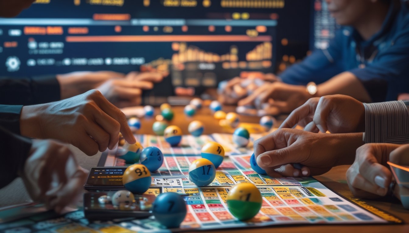 Beberapa orang sedang memilih angka dan memasang taruhan pada permainan lotere tradisional dengan tiket warna-warni dan bola bernomor di atas meja.