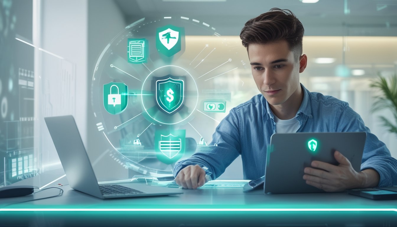 Seorang dewasa muda menggunakan laptop dan ponsel di ruang kantor modern dengan ikon digital mengambang yang melambangkan transaksi cepat dan aman.