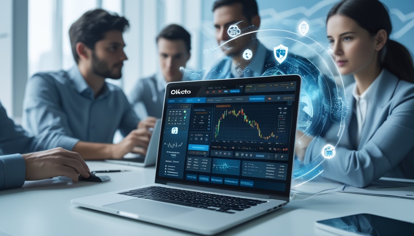 Orang-orang bekerja bersama di ruang kerja modern dengan laptop yang menampilkan antarmuka taruhan online dan elemen teknologi futuristik di sekitarnya.