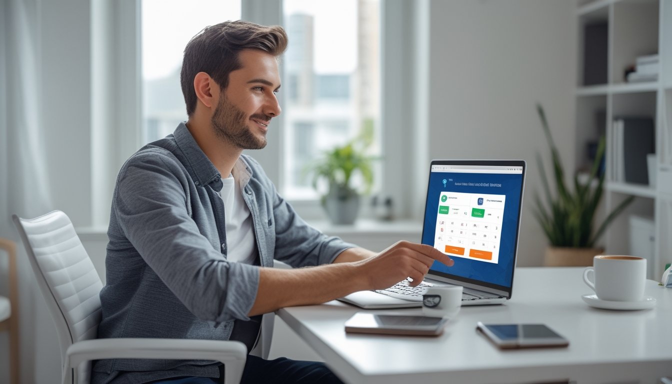 Seorang pria muda duduk di meja dengan laptop, terlihat fokus dan nyaman saat bermain taruhan online di rumah.