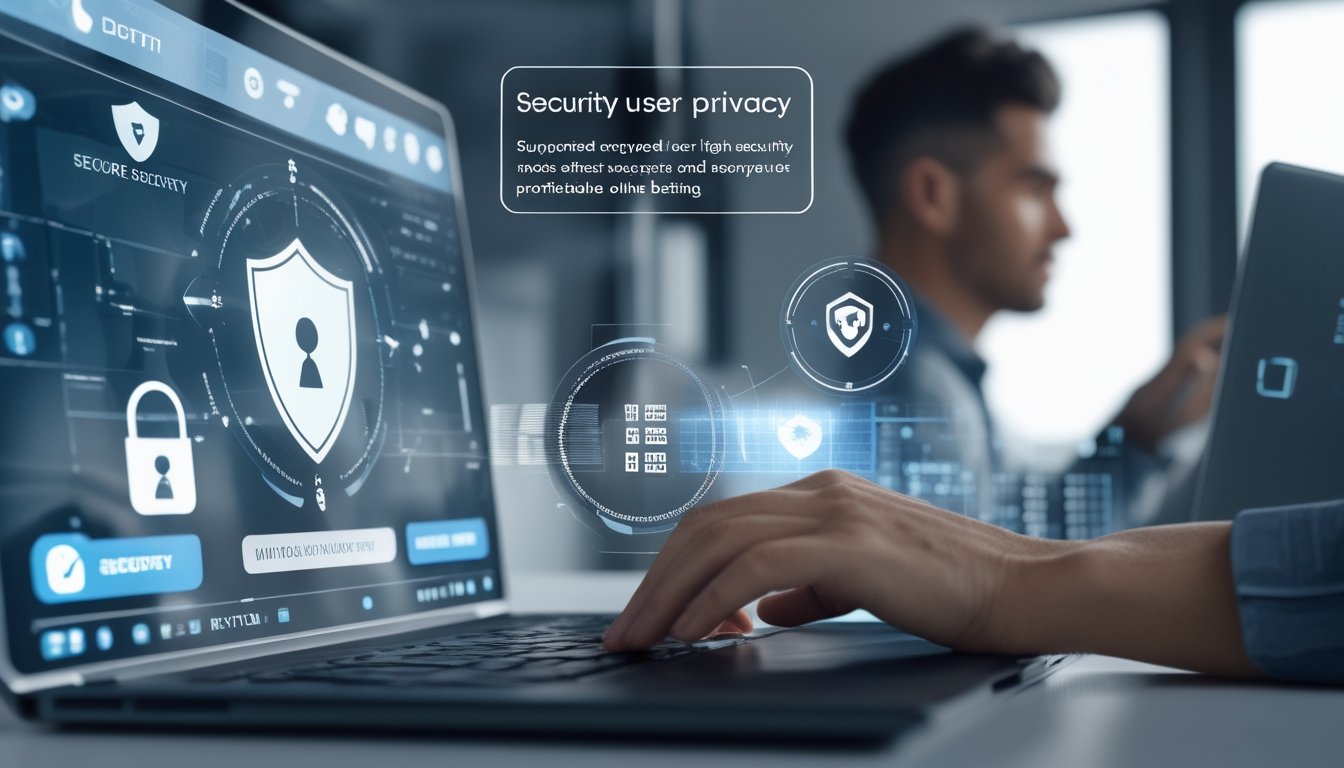 Seseorang menggunakan laptop dengan latar belakang layar digital yang menunjukkan simbol keamanan dan perlindungan data.