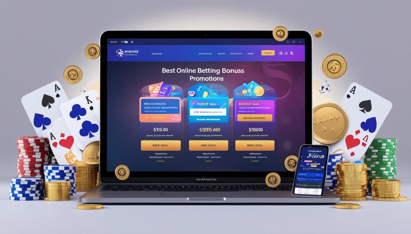 Layar komputer menampilkan antarmuka situs taruhan online dengan simbol chip poker, kartu, dan koin emas di sekitarnya.