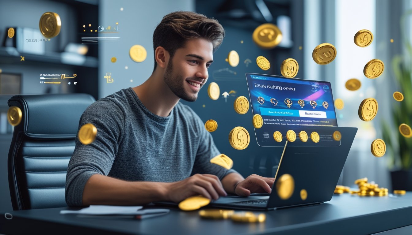 Seorang pria muda duduk di depan laptop dengan ikon koin dan promosi mengelilinginya di ruang kerja modern.