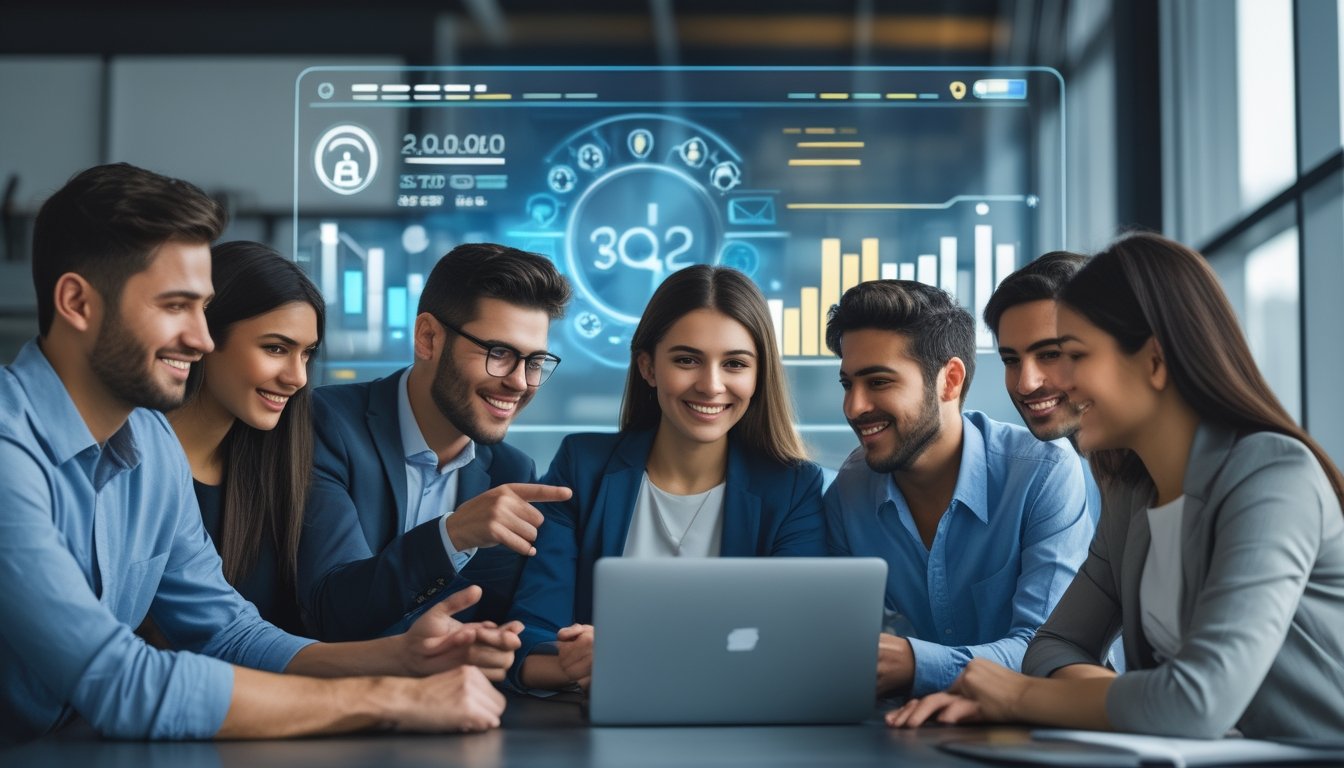 Sekelompok orang muda sedang berdiskusi di sekitar laptop di kantor modern dengan layar digital di latar belakang.