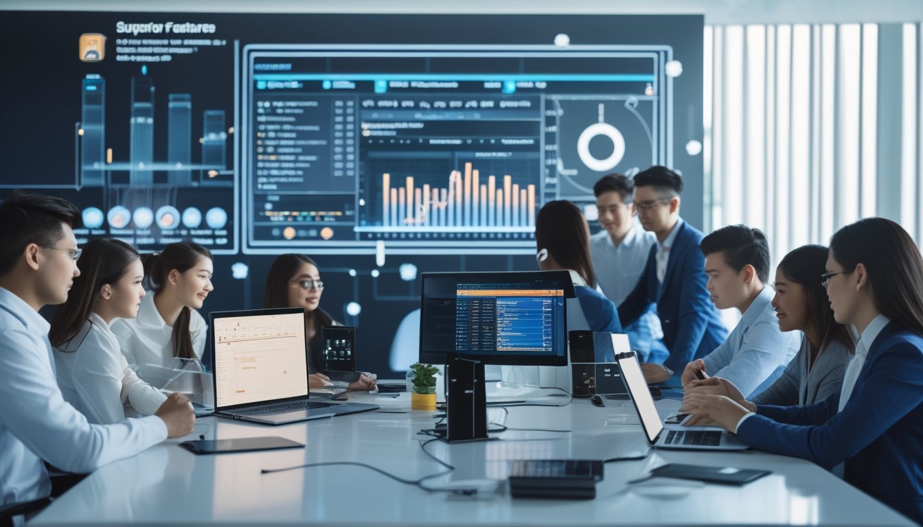 Sekelompok profesional muda bekerja bersama di ruang kerja modern dengan perangkat digital dan layar holografik yang menampilkan data dan grafik.