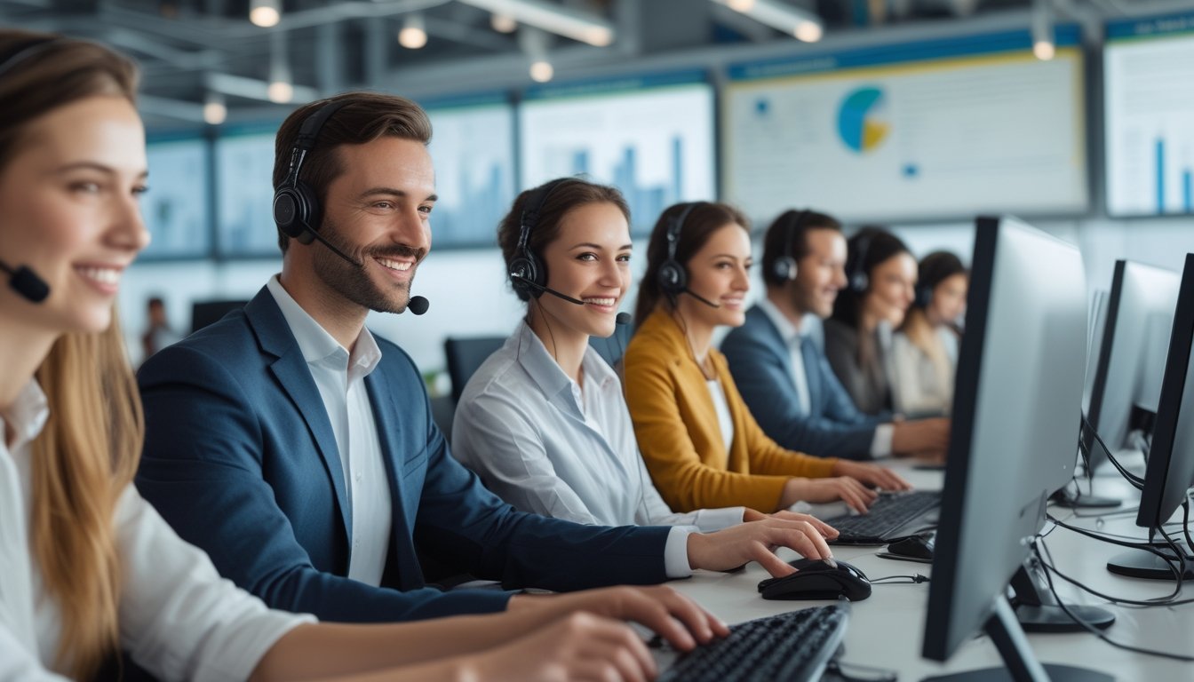 Tim layanan pelanggan yang ramah sedang bekerja di kantor dengan komputer dan headset.