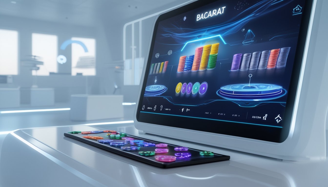Suasana ruang permainan digital baccarat virtual dengan layar sentuh menampilkan kartu dan chip, serta simbol kecepatan dan keadilan di latar belakang.