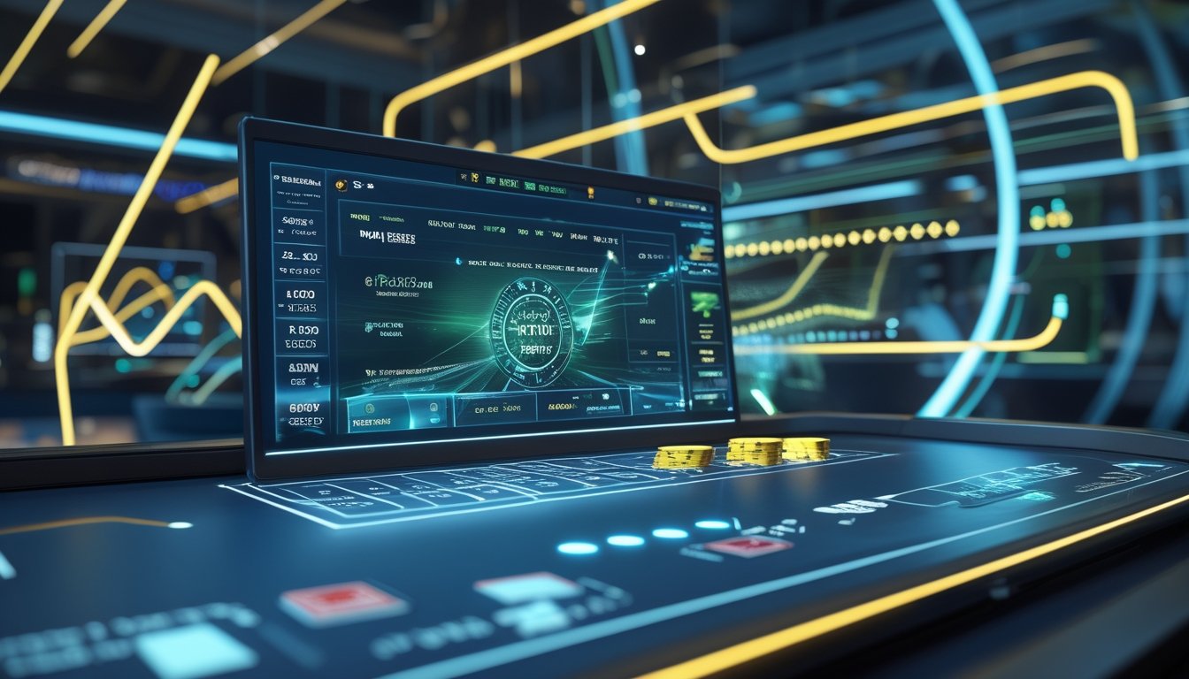 Antarmuka digital modern yang menampilkan elemen permainan baccarat virtual dengan grafik yang menggambarkan proses RNG dan sistem permainan yang cepat dan adil.