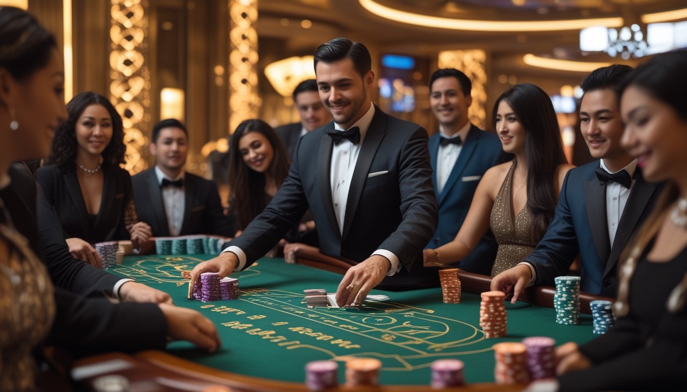 Seorang dealer dan pemain di meja baccarat di kasino mewah dengan suasana hangat dan pencahayaan yang menyenangkan.