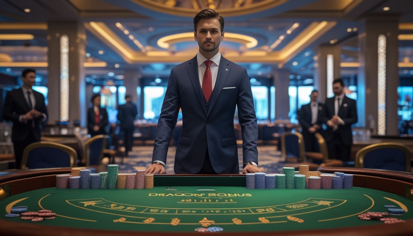 Seorang dealer berjubah rapi di meja baccarat dengan kartu dan chip, dikelilingi pemain di kasino mewah.