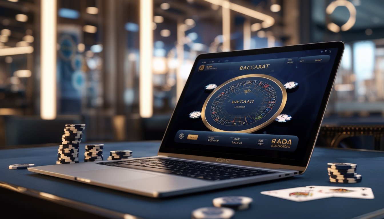 Seorang pemain sedang menggunakan laptop untuk bermain baccarat virtual dengan kartu dan chip terlihat di layar, di lingkungan kasino yang elegan dan modern.