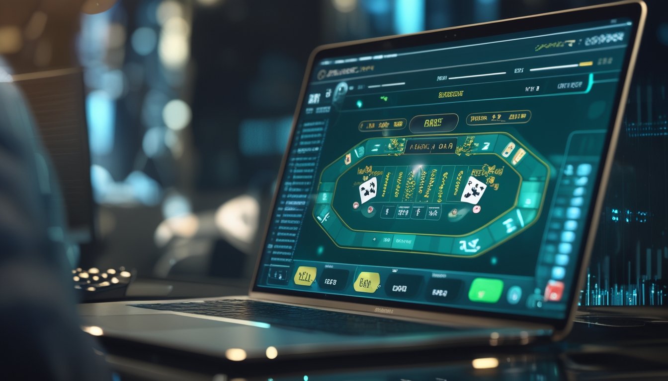 Layar komputer menampilkan permainan baccarat virtual dengan elemen teknologi digital di sekitarnya.