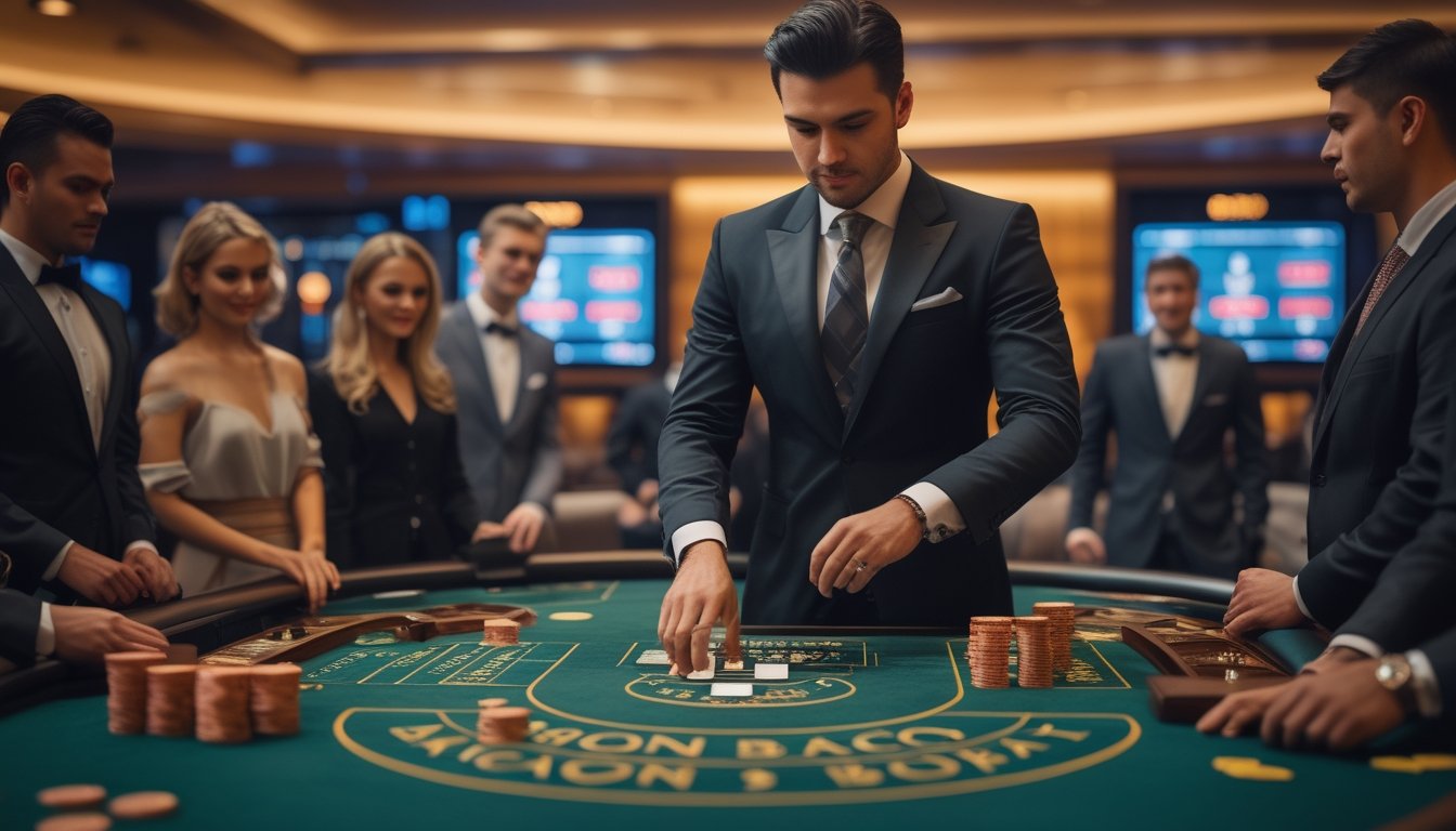 Seorang dealer membagikan kartu di meja baccarat dengan pemain berpakaian rapi di kasino mewah.