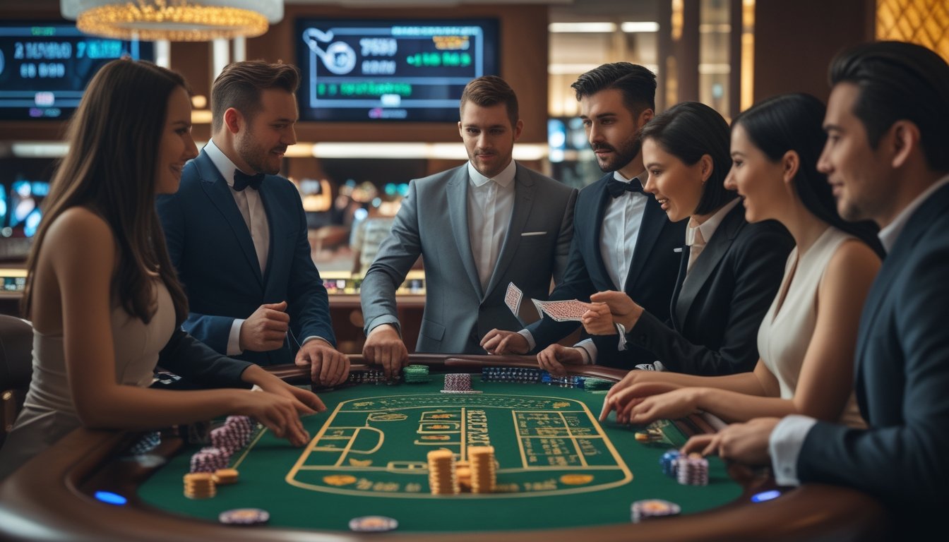 Meja Baccarat dengan pemain dan dealer sedang bermain dalam suasana kasino yang mewah dan modern.