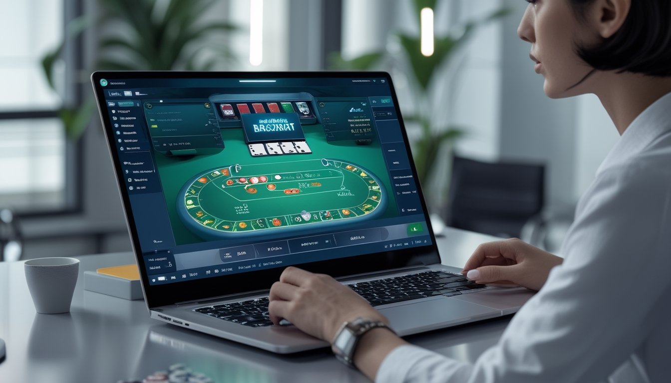 Seorang pria menggunakan komputer dengan tampilan meja baccarat virtual dan fitur hasil otomatis di layar.