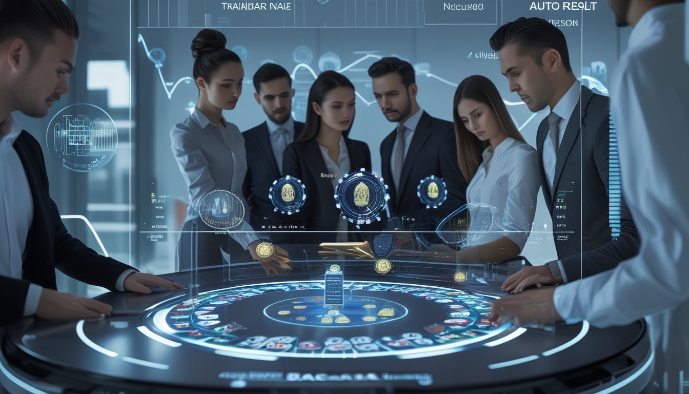 Orang-orang profesional sedang menggunakan meja baccarat virtual dengan tampilan digital dan grafik hasil otomatis.