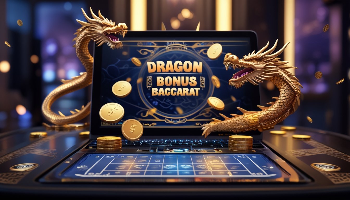 Sebuah meja baccarat digital dengan kartu dan chip di layar perangkat modern, dikelilingi oleh gambar naga dan koin emas yang melambangkan jackpot dan bonus besar.