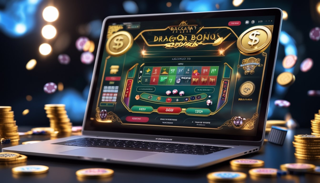 Sebuah meja baccarat online dengan layar komputer menampilkan permainan Dragon Bonus Baccarat, dikelilingi tumpukan chip dan koin emas yang berkilau.
