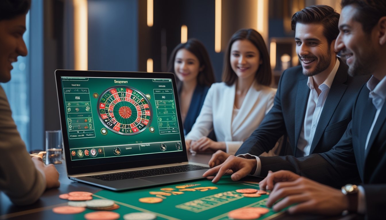 Orang-orang yang sedang bermain baccarat virtual di depan layar komputer dalam ruangan yang terang dan modern.