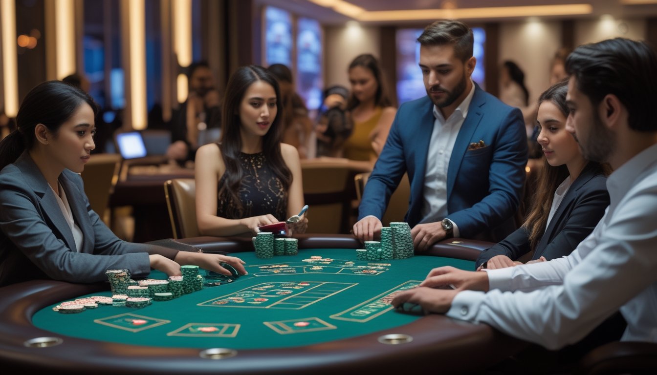 Sekelompok pemain sedang bermain baccarat virtual dengan antarmuka digital di meja permainan modern.