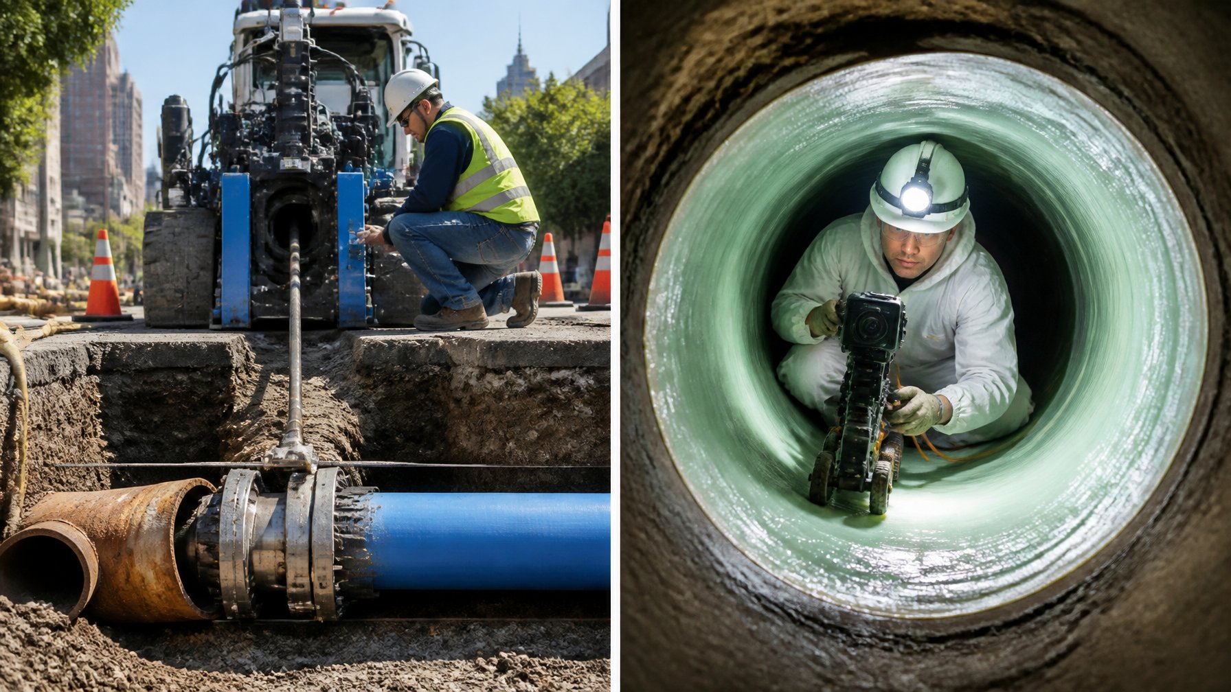 Split view showing pipe bursting equipment underground on one side and a technician inspecting cured-in-place pipe lining inside a sewer pipe on the other.