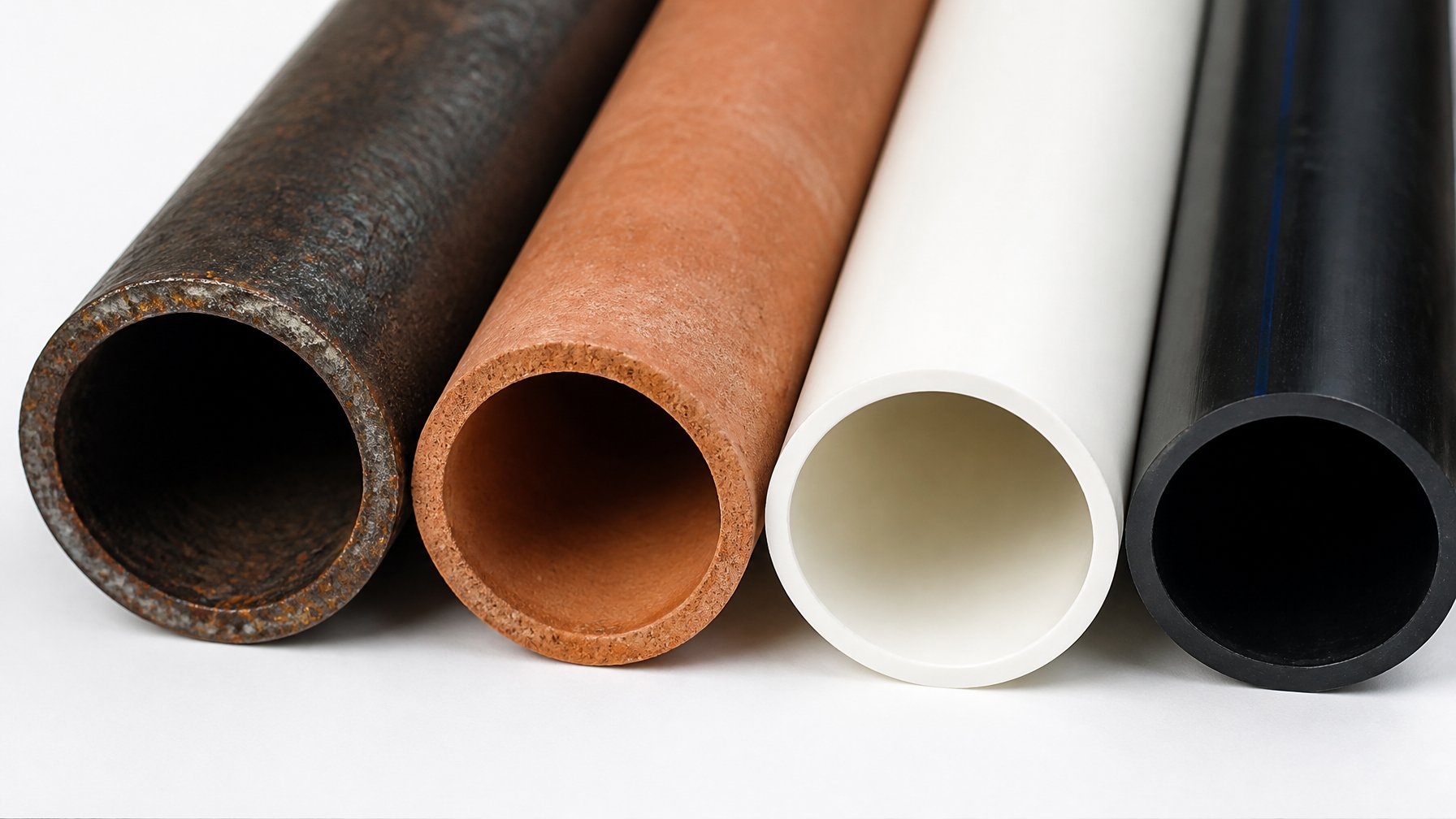 Close-up view of cast iron, clay, PVC, and HDPE sewer pipe sections arranged side by side for comparison.