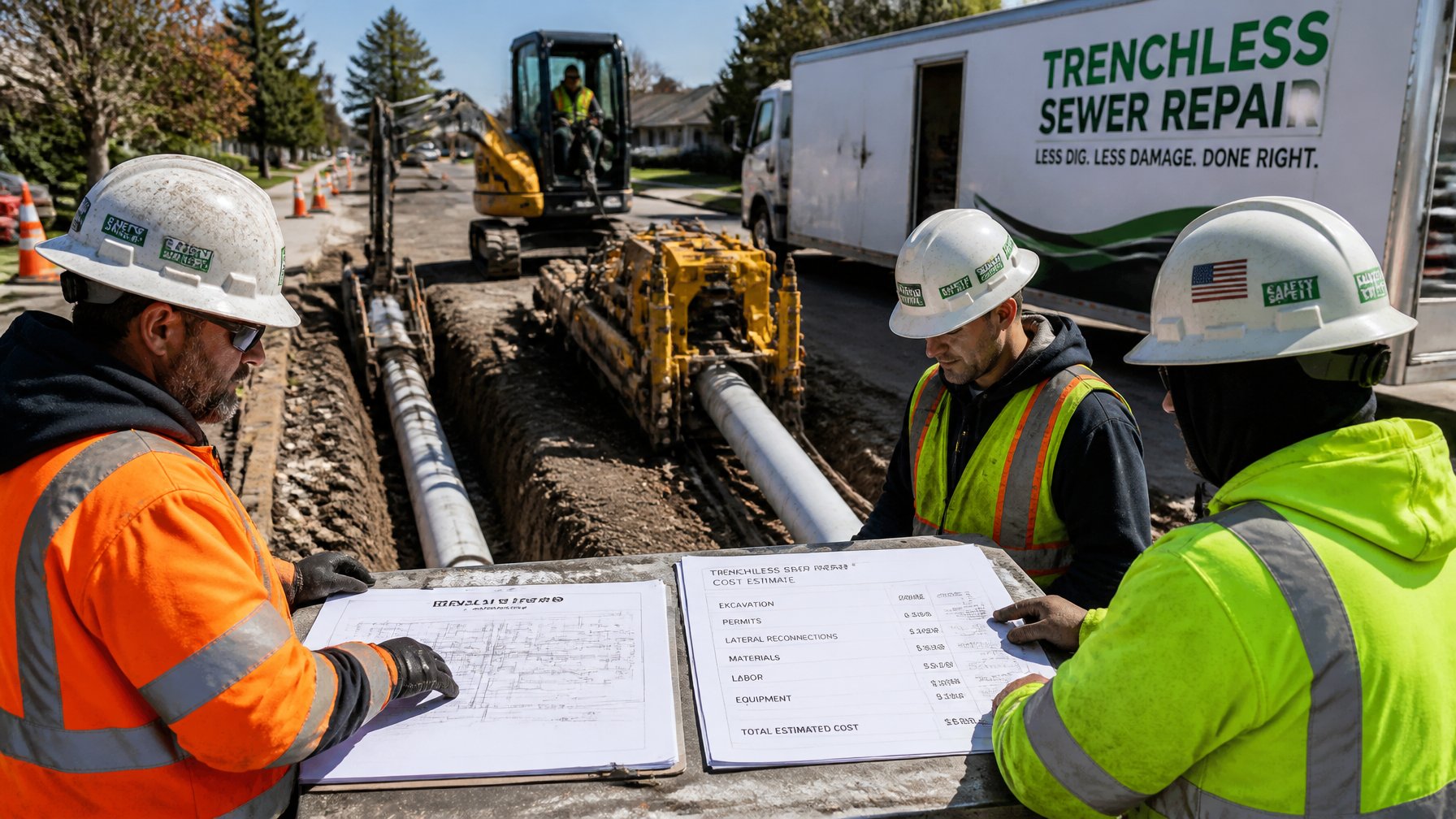 Construction workers reviewing blueprints and equipment at a trenchless sewer repair site with pipes and machinery.