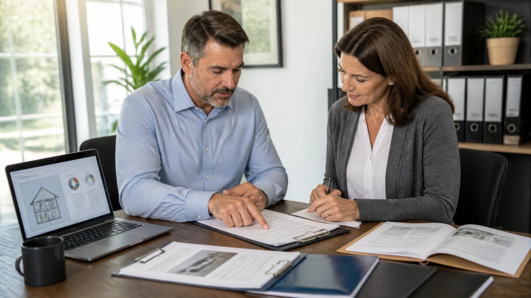 A man and woman reviewing warranty documents together at an office desk with a laptop and folders.