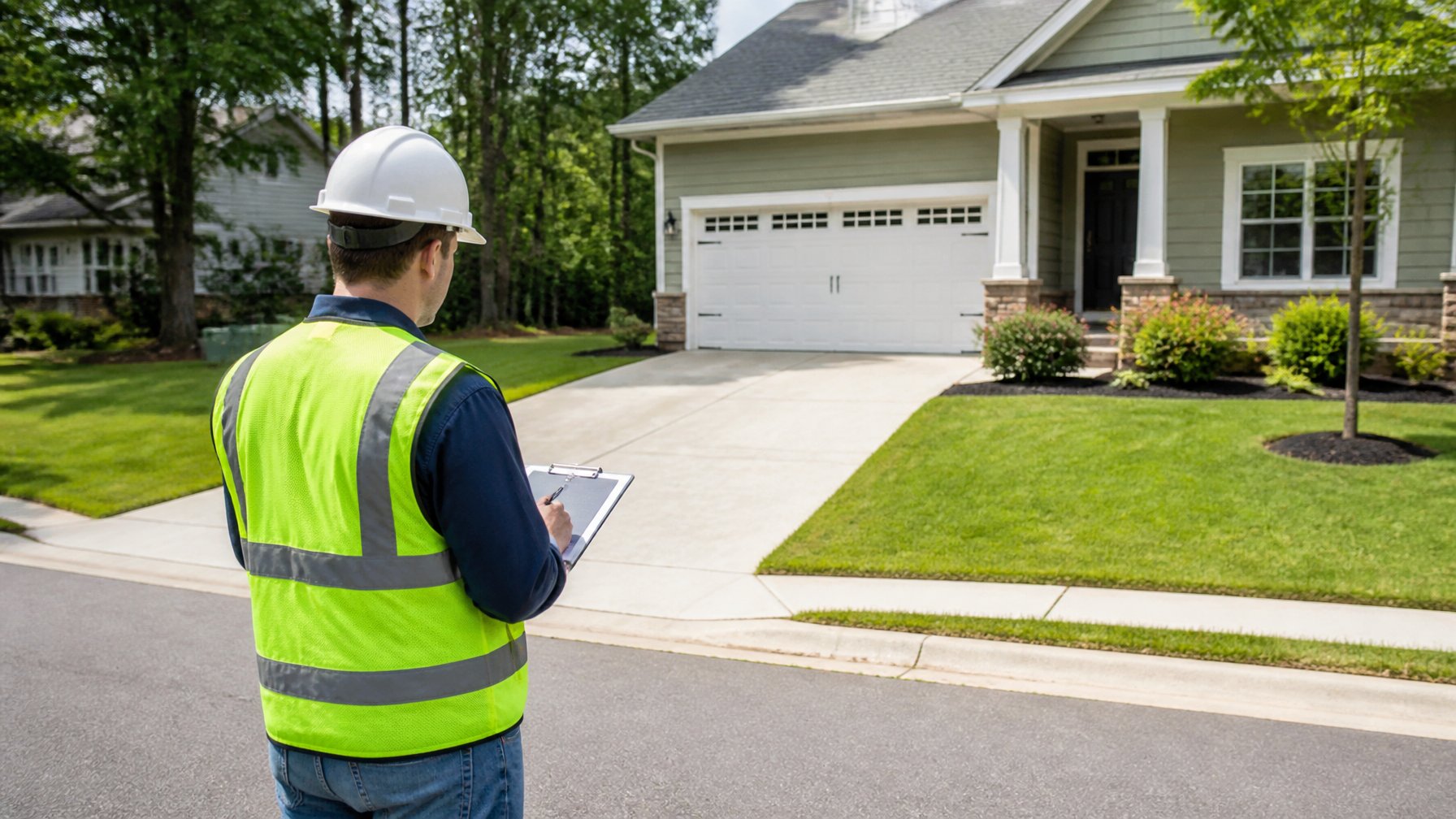 A worker in safety gear inspecting a driveway, yard, and street access at a residential property.