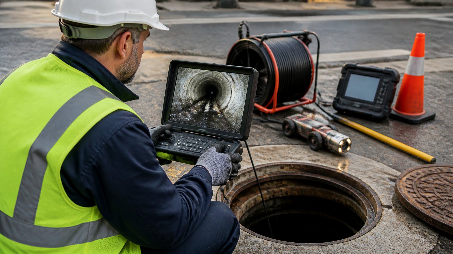 Technician inspecting a sewer pipe using a CCTV camera with a monitor showing the pipe's interior near an open manhole.