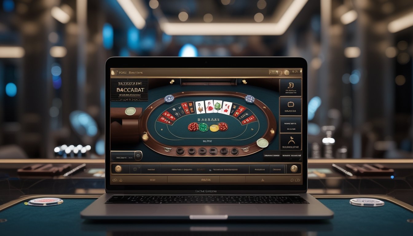 Tampilan antarmuka permainan baccarat virtual yang realistis pada layar komputer di lingkungan kasino modern.