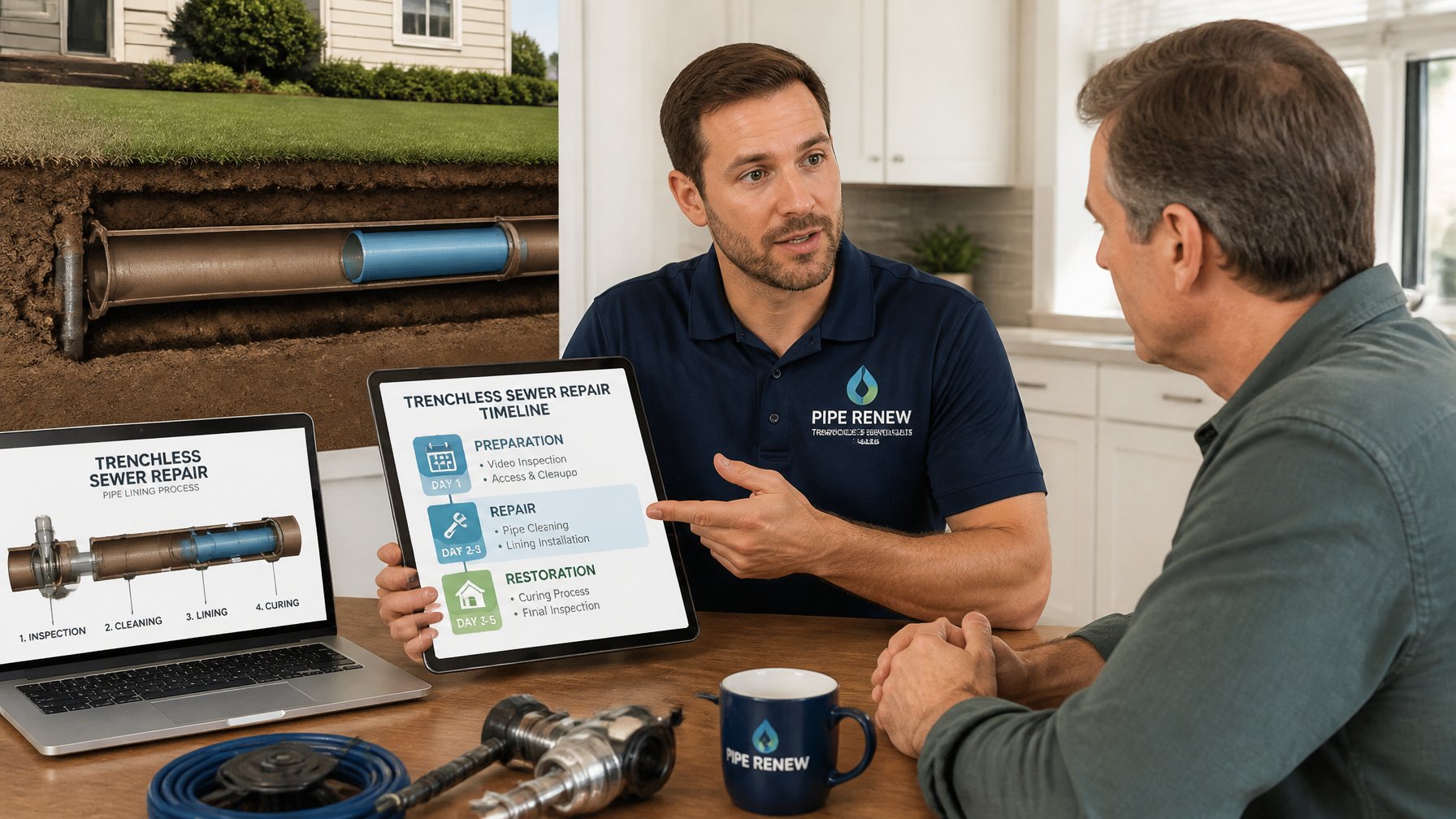 A homeowner and a sewer repair expert discussing a repair schedule in a modern home.