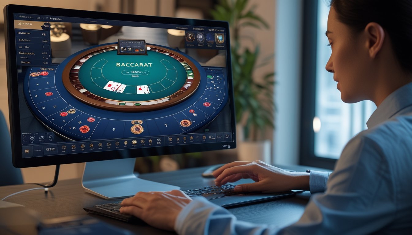 Seseorang menggunakan laptop dengan tampilan permainan baccarat virtual di layar dalam ruangan berlampu terang.