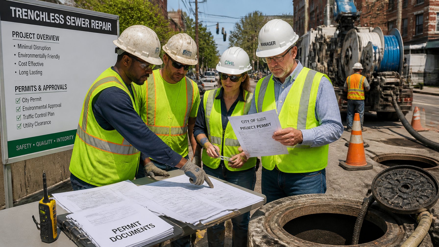 Construction workers and a project manager reviewing blueprints and permits at a trenchless sewer repair site with machinery and urban infrastructure in the background.