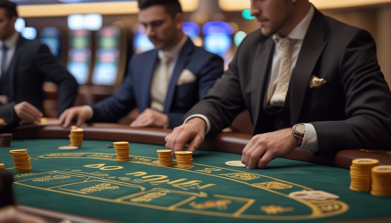 Meja baccarat dengan pemain yang sedang bermain dan tumpukan chip di kasino yang elegan.