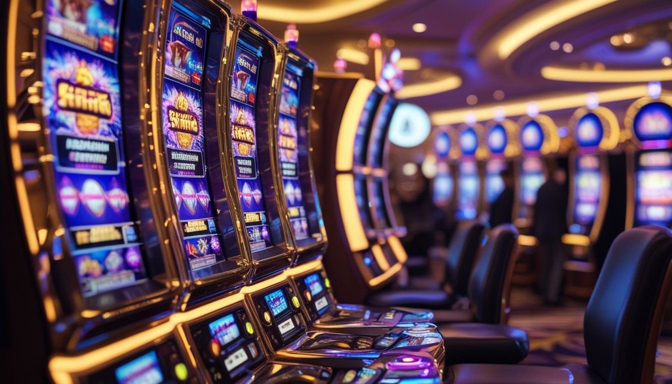 Deretan mesin slot di dalam kasino dengan grafis warna-warni dan suasana yang ramai.