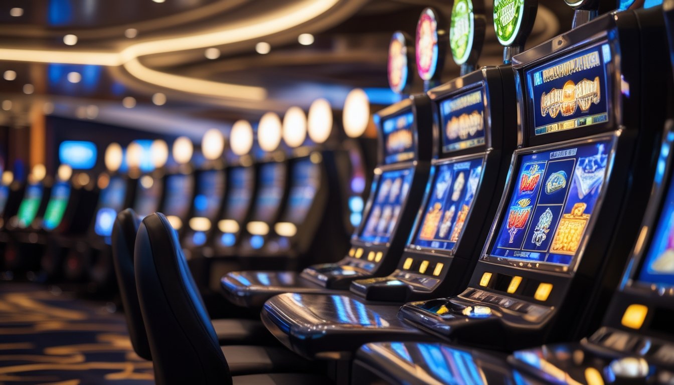 Deretan mesin slot bergaya Vegas dengan layar grafis warna-warni di dalam kasino modern yang terang dan berteknologi tinggi.