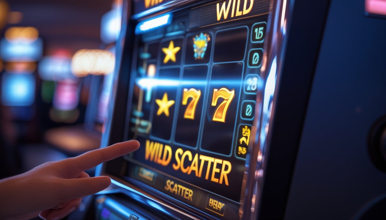 Tampilan dekat mesin slot di kasino dengan simbol wild dan scatter yang menyala, tangan pemain siap menekan tombol putar.