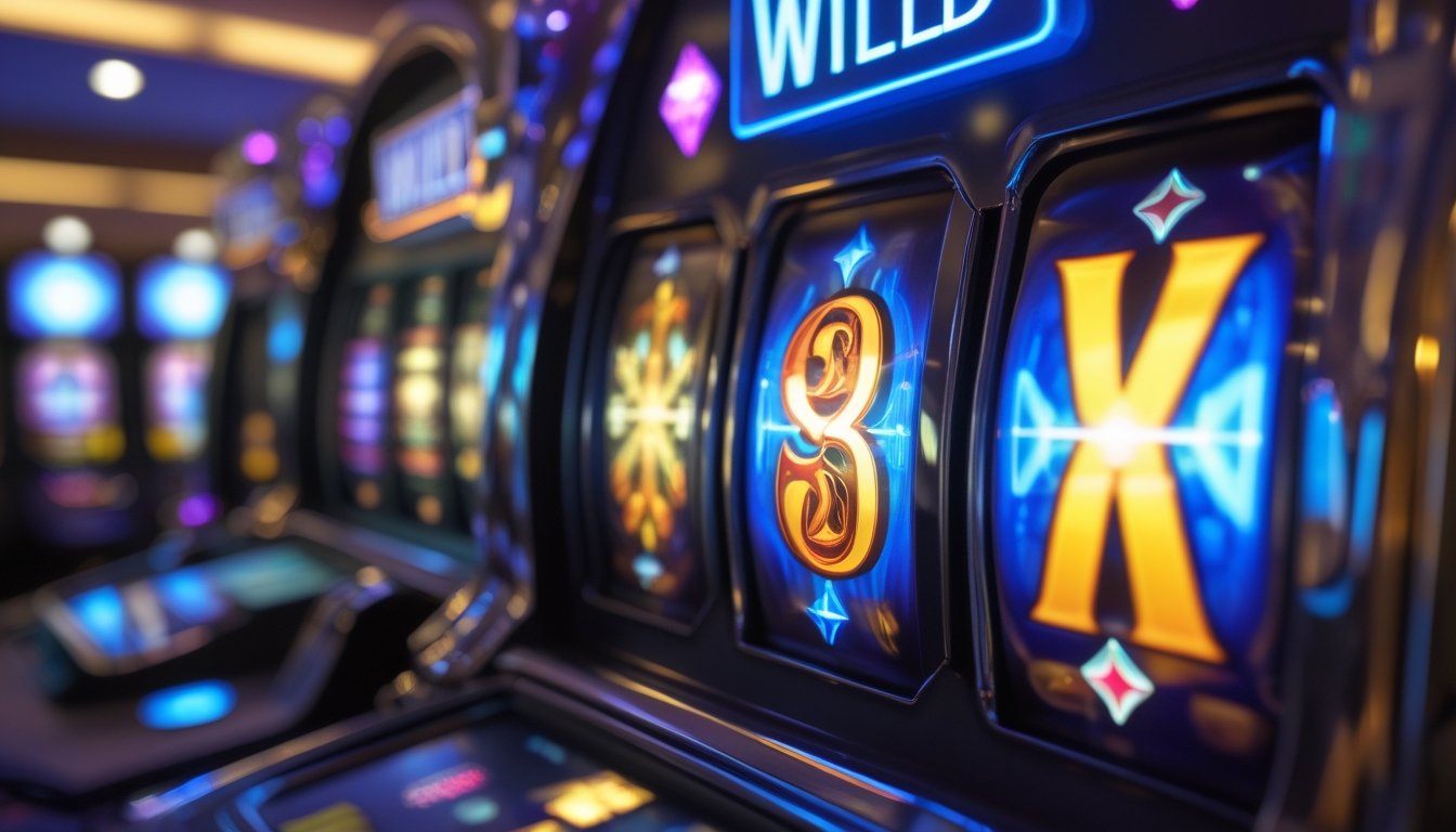 Close-up mesin slot modern yang menampilkan simbol wild dan scatter berwarna cerah dalam suasana kasino.