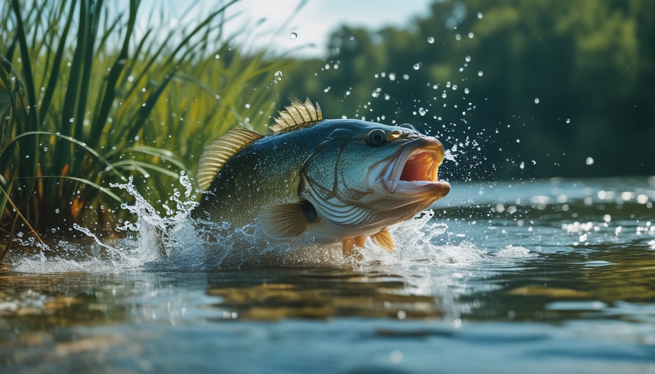 Ikan bass besar melompat dan memercikkan air di danau yang jernih dengan tanaman air hijau di sekitarnya.