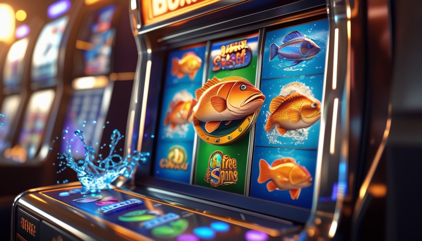Mesin slot bertema memancing dengan simbol ikan bass besar dan efek air di latar belakang yang cerah dan menarik.