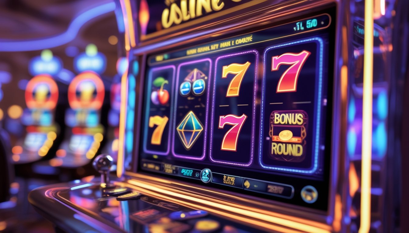 Mesin slot online modern dengan gulungan berwarna cerah dan simbol klasik, dikelilingi oleh lampu neon dan efek bonus yang berkilauan.
