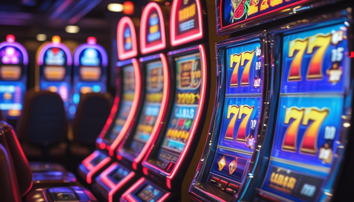 Mesin slot bergaya Vegas dengan lampu warna-warni dan simbol klasik, dikelilingi oleh grafik fitur bonus modern dalam suasana kasino yang hidup.