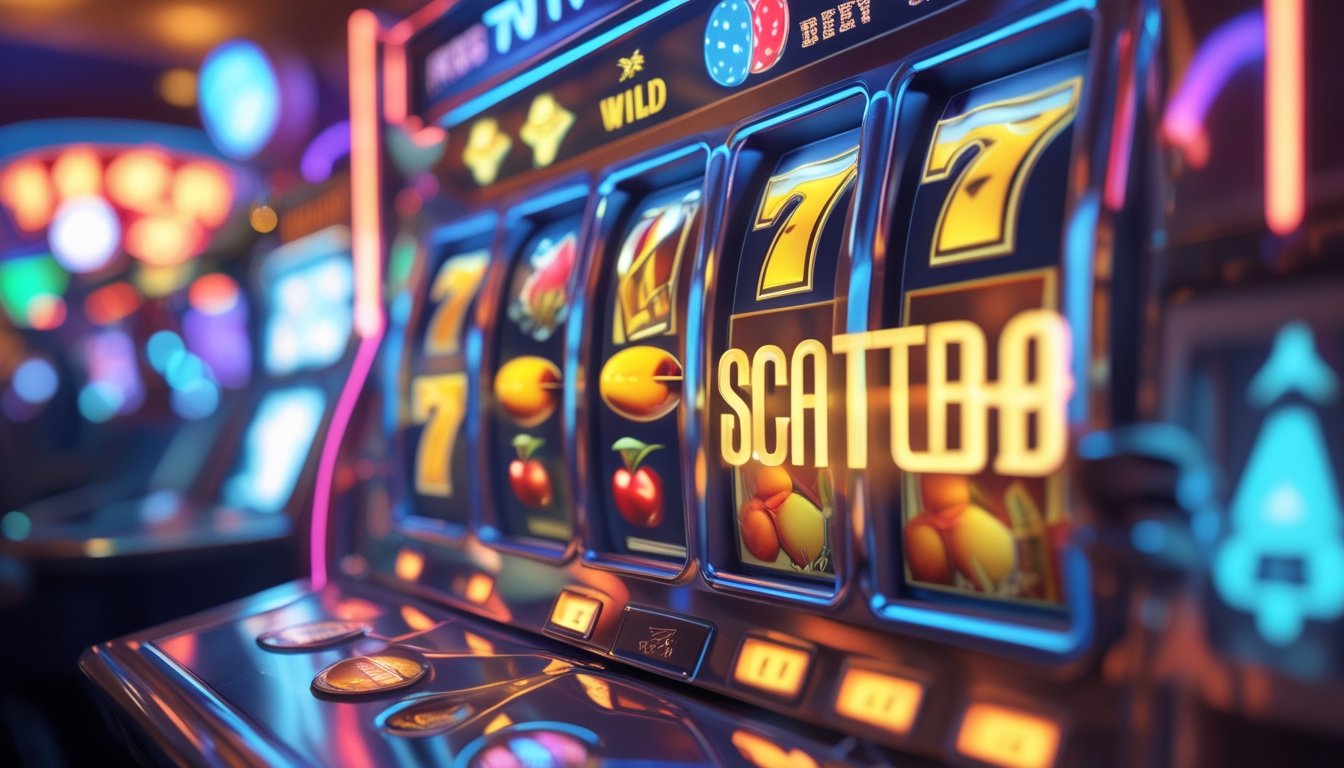 Mesin slot online dengan simbol Wild dan Scatter yang menyala di latar kasino bergaya Vegas.