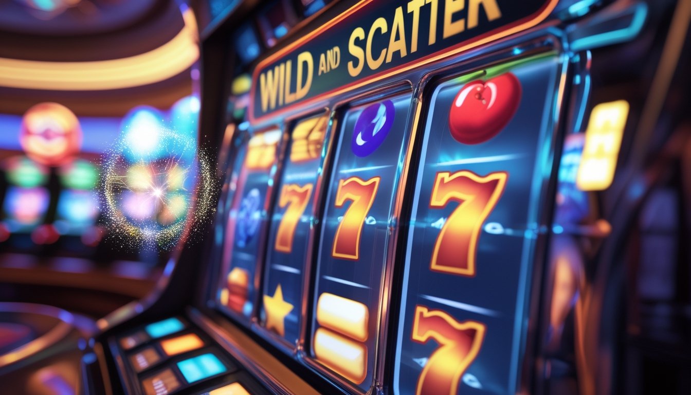 Gambar close-up mesin slot dengan simbol Wild dan Scatter yang menonjol di layar, dikelilingi suasana kasino mewah dengan cahaya yang berkilauan.